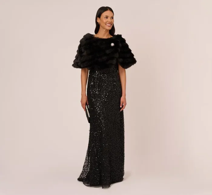 Cover Ups Womens Adrianna Papell Faux Fur Wrap With Stone Broach In Black