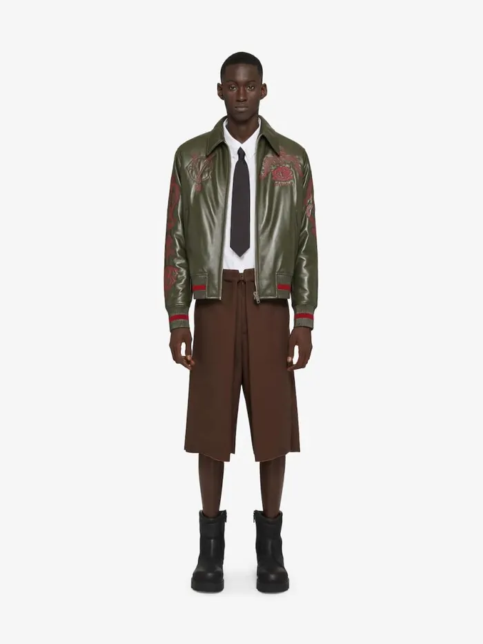 Crest Bomber Jacket In Embroidered Leather Olive Green Men Givenchy Coats and Jackets Crest Bomber Jacket In Embroidered Leather Olive Green Men Givenchy Coats and Jackets