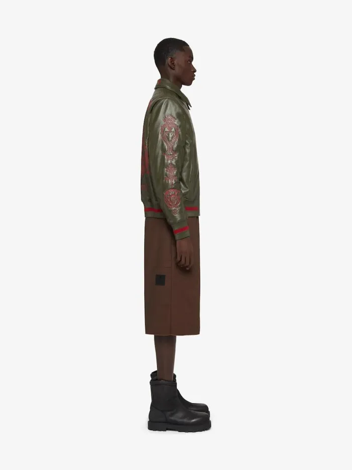 Crest Bomber Jacket In Embroidered Leather Olive Green Men Givenchy Coats and Jackets
