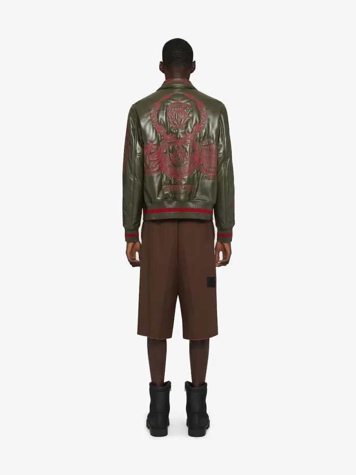 Crest Bomber Jacket In Embroidered Leather Olive Green Men Givenchy Coats and Jackets