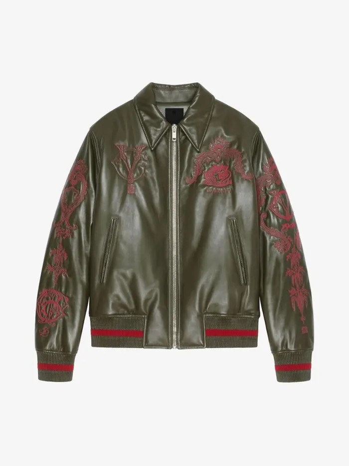 Crest Bomber Jacket In Embroidered Leather Olive Green Men Givenchy Coats and Jackets