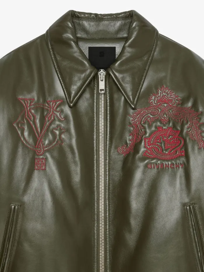 Crest Bomber Jacket In Embroidered Leather Olive Green Men Givenchy Coats and Jackets