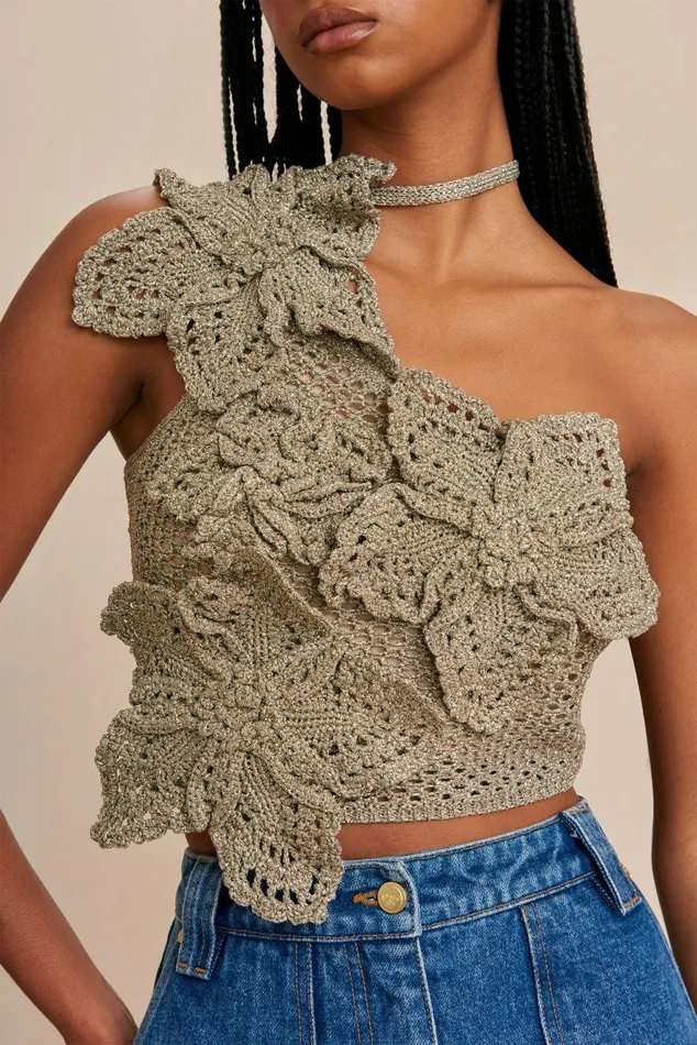 Cult Gaia Nazanin Crochet Top Tea Shimmer Women Knits