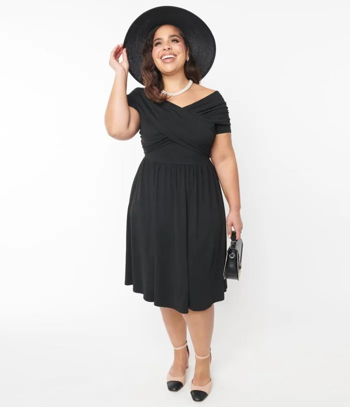 Curve Black Shirred Swing Dress DressesPlus Unique Vintage Pocket Dresses