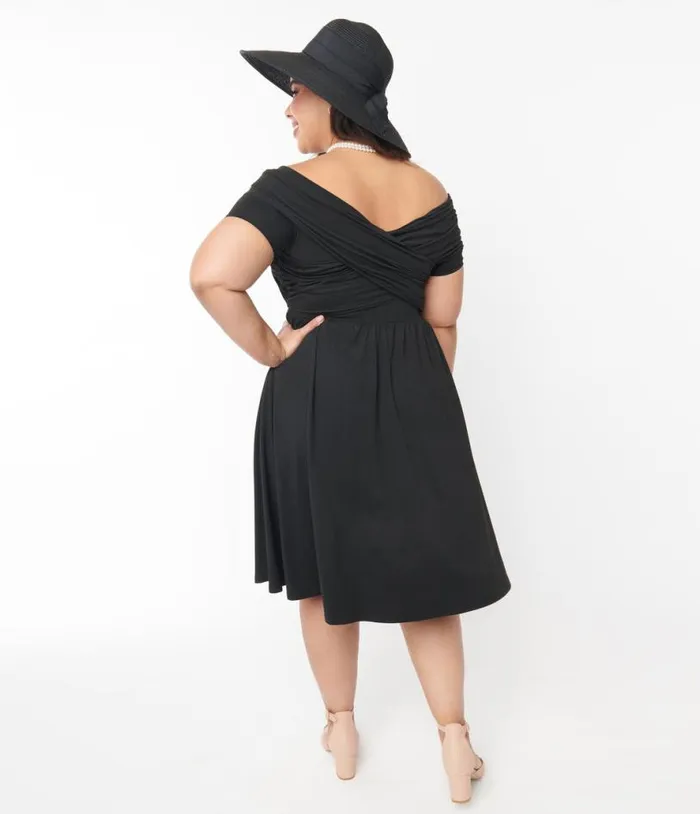 Curve Black Shirred Swing Dress DressesPlus Unique Vintage Pocket Dresses