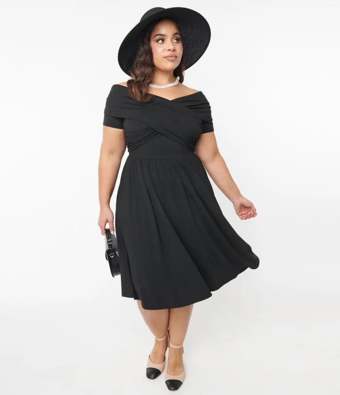 Curve Black Shirred Swing Dress DressesPlus Unique Vintage Pocket Dresses