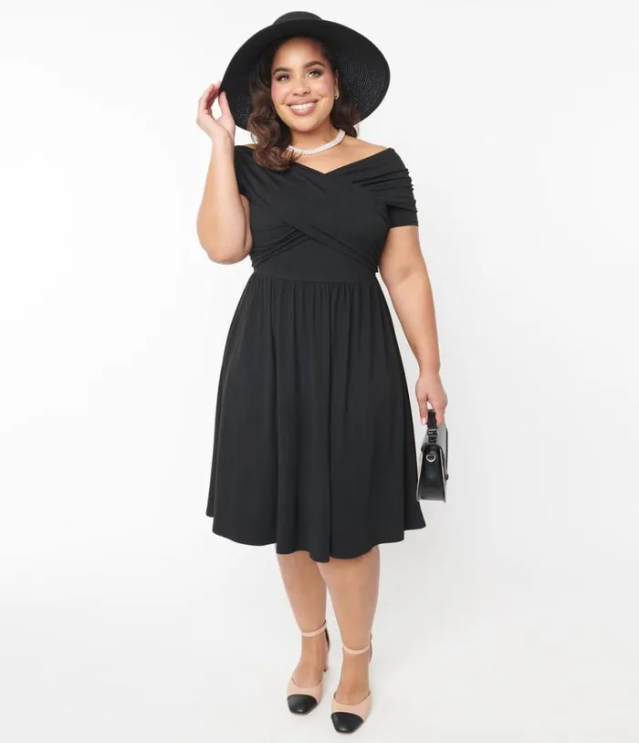 Curve Black Shirred Swing Dress DressesPlus Unique Vintage Pocket Dresses