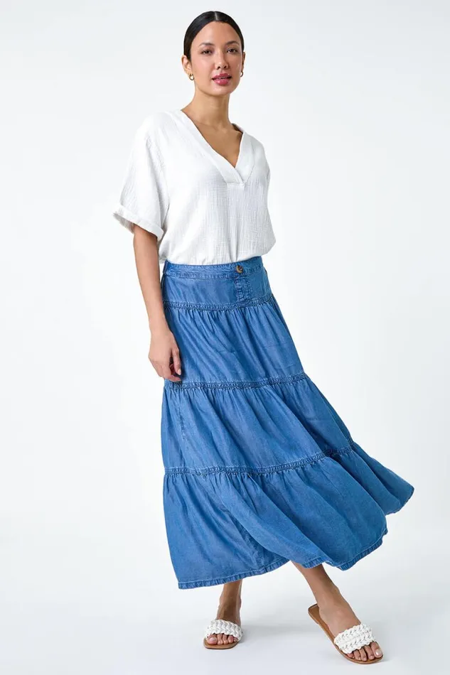 Dark Blue Denim Wash A Line Tiered Maxi Skirt Women Roman Skirts