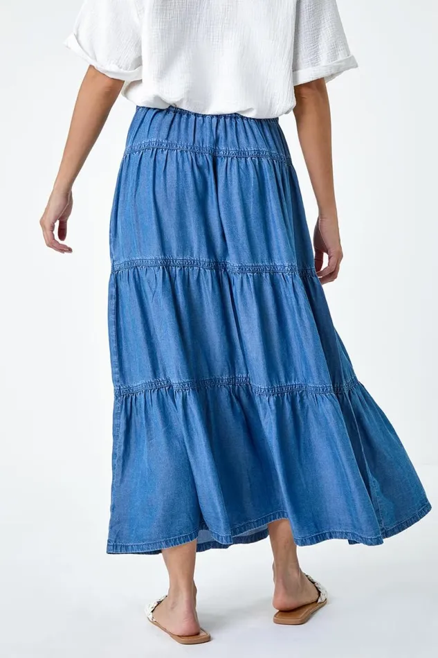 Dark Blue Denim Wash A Line Tiered Maxi Skirt Women Roman Skirts