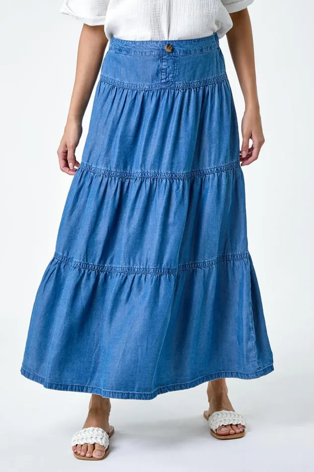 Dark Blue Denim Wash A Line Tiered Maxi Skirt Women Roman Skirts