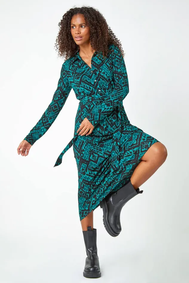 Dark Green Abstract Print Midi Stretch Shirt Dress Women Roman Dresses