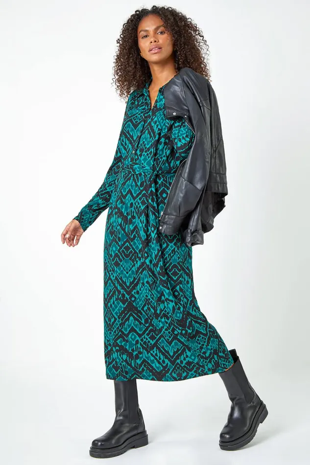Dark Green Abstract Print Midi Stretch Shirt Dress Women Roman Dresses