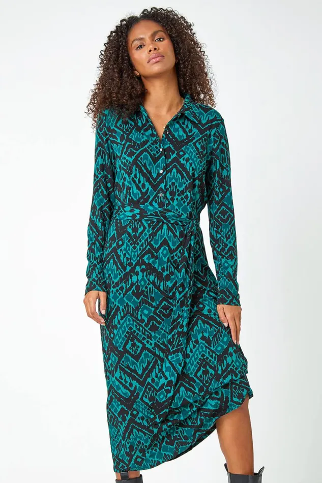 Dark Green Abstract Print Midi Stretch Shirt Dress Women Roman Dresses
