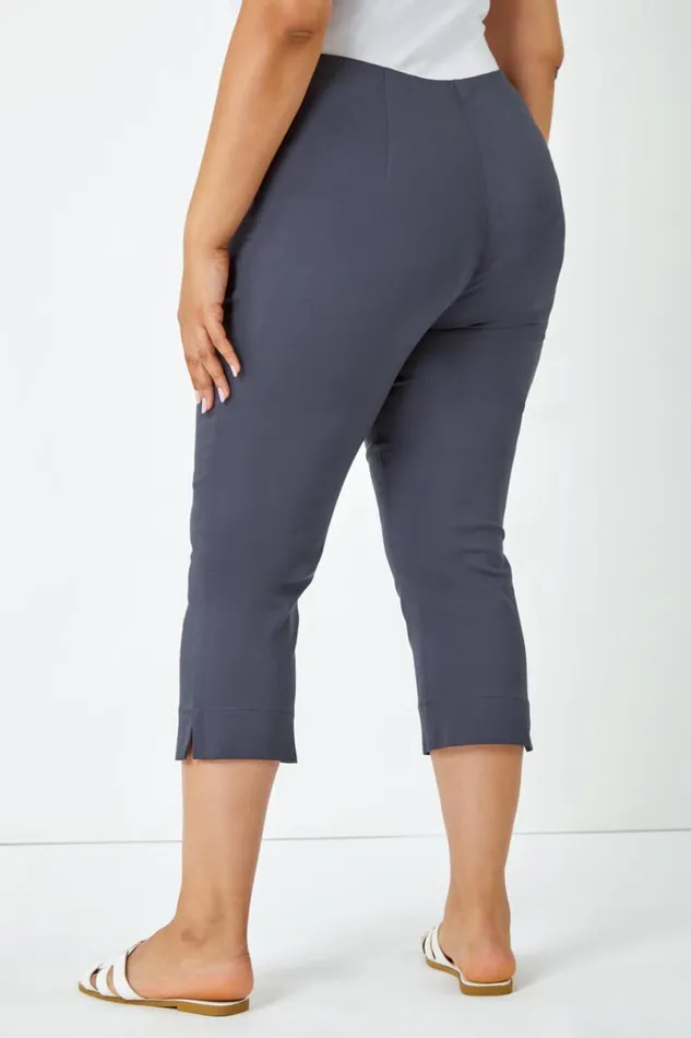 Dark Grey Curve Elastic Waist Stretch Cropped Trouser Women Roman Trousers