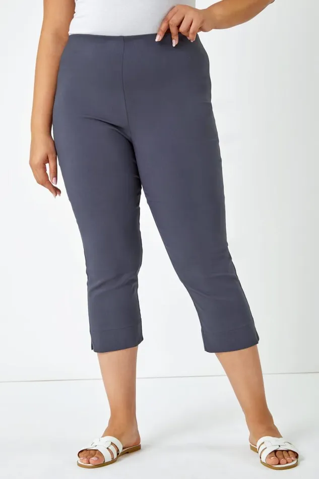 Dark Grey Curve Elastic Waist Stretch Cropped Trouser Women Roman Trousers