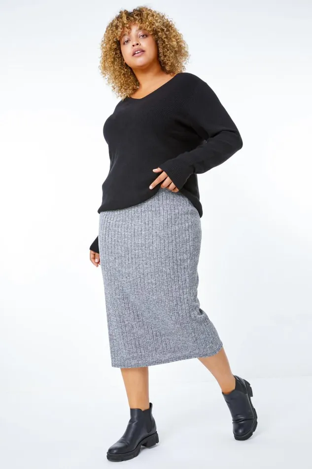 Dark Grey Curve Ribbed Pull On Elastic Waist Midi Skirt Women Roman Skirts