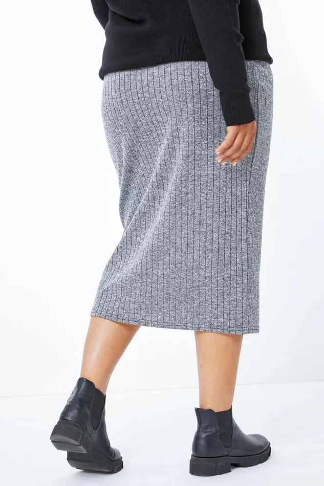 Dark Grey Curve Ribbed Pull On Elastic Waist Midi Skirt Women Roman Skirts