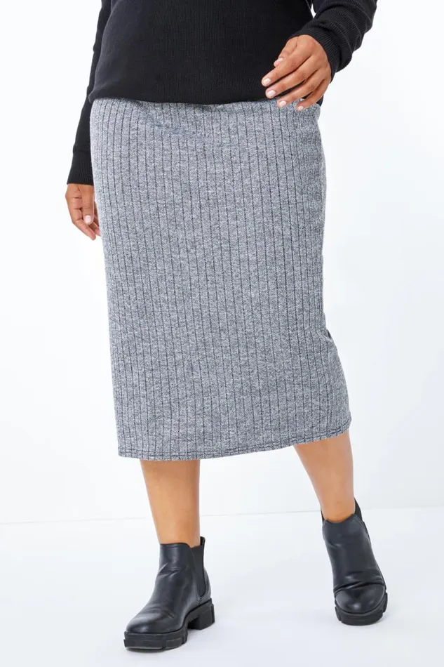 Dark Grey Curve Ribbed Pull On Elastic Waist Midi Skirt Women Roman Skirts