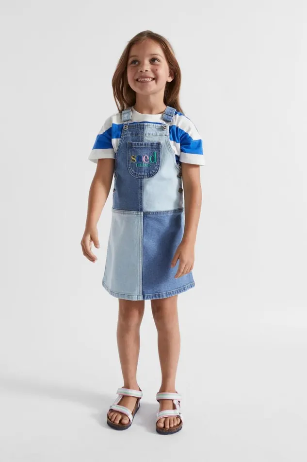 Denim and Jeans Girl Seed Heritage Colourblock Logo Pinafore Light Wash Multi