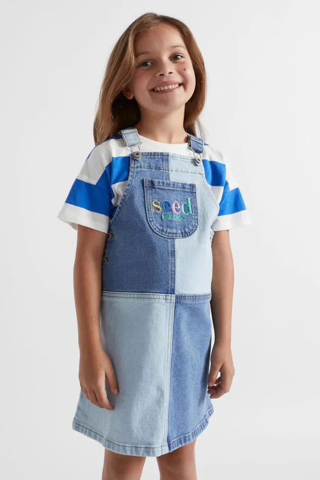 Denim and Jeans Girl Seed Heritage Colourblock Logo Pinafore Light Wash Multi