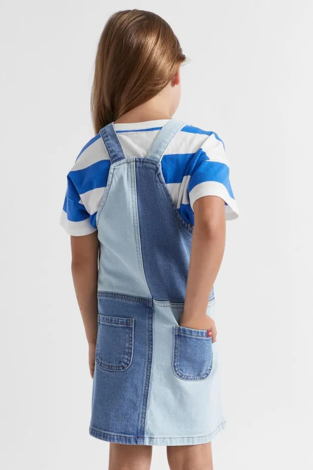 Denim and Jeans Girl Seed Heritage Colourblock Logo Pinafore Light Wash Multi