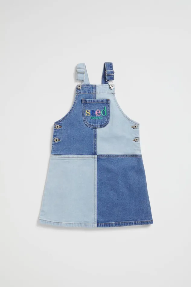 Denim and Jeans Girl Seed Heritage Colourblock Logo Pinafore Light Wash Multi