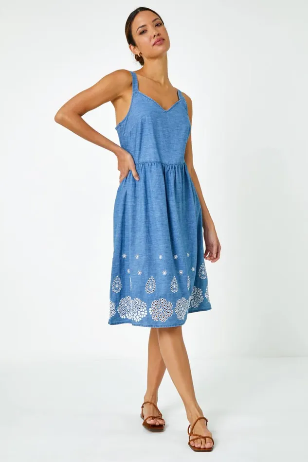 Denim Sleeveless Cotton Embroidered Midi Dress Women Roman Dresses
