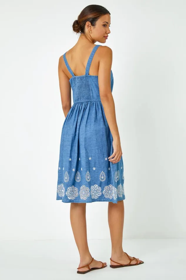 Denim Sleeveless Cotton Embroidered Midi Dress Women Roman Dresses