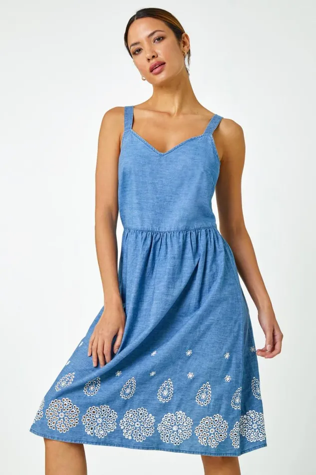 Denim Sleeveless Cotton Embroidered Midi Dress Women Roman Dresses
