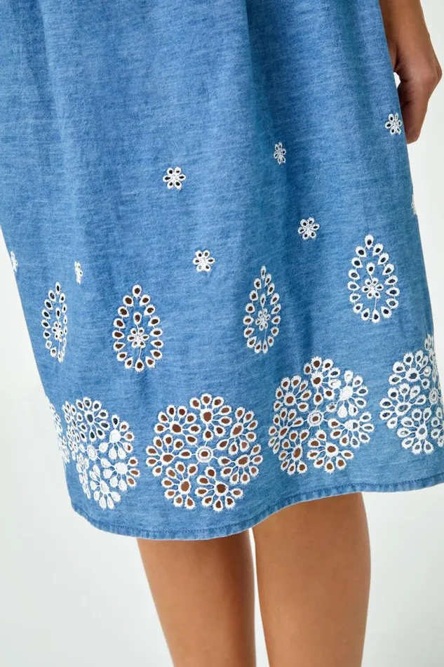 Denim Sleeveless Cotton Embroidered Midi Dress Women Roman Dresses