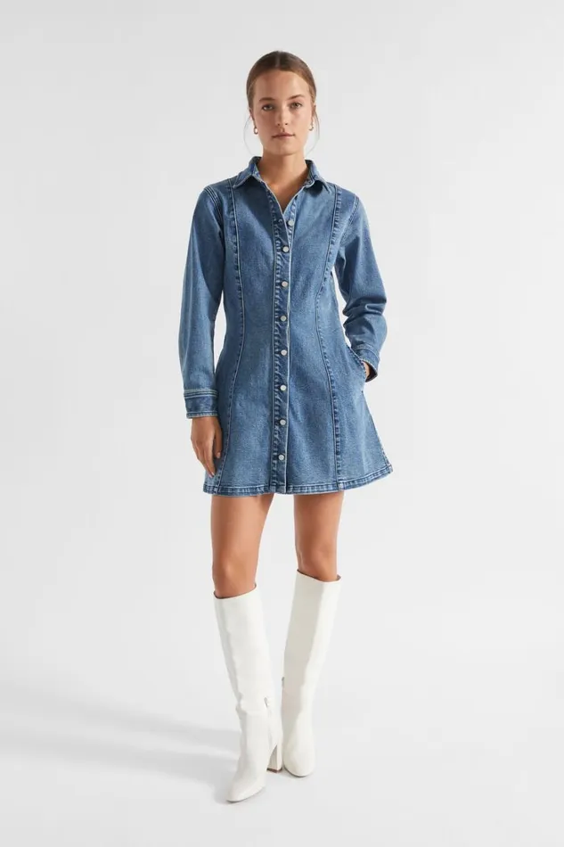 Denim Woman Seed Heritage Denim Button Thru Mini Dress Ultramarine Wash