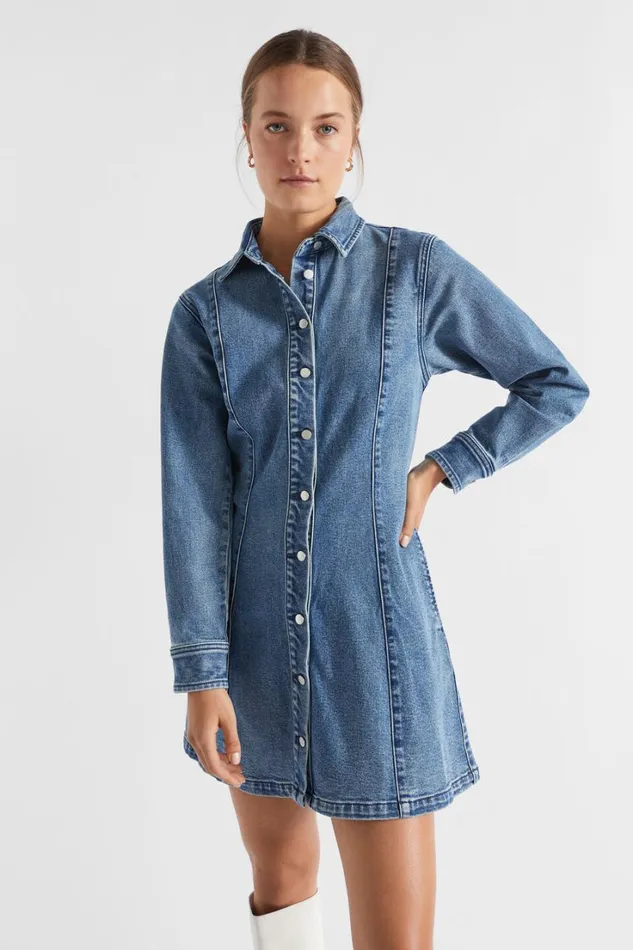 Denim Woman Seed Heritage Denim Button Thru Mini Dress Ultramarine Wash