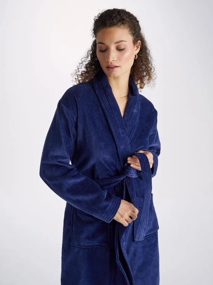 Derek Rose Bathrobe Triton 10 Terry Cotton Navy Women Cotton Pajamas