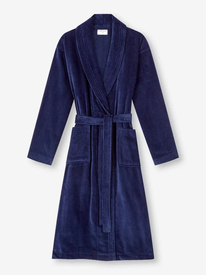 Derek Rose Bathrobe Triton 10 Terry Cotton Navy Women Cotton Pajamas
