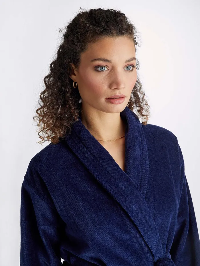 Derek Rose Bathrobe Triton 10 Terry Cotton Navy Women Cotton Pajamas