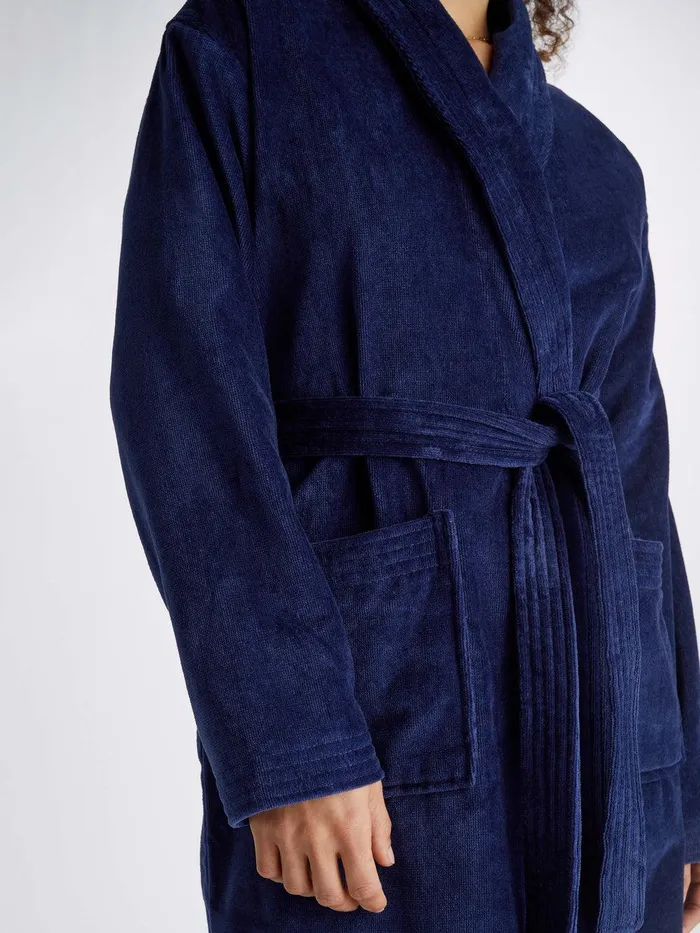 Derek Rose Bathrobe Triton 10 Terry Cotton Navy Women Cotton Pajamas