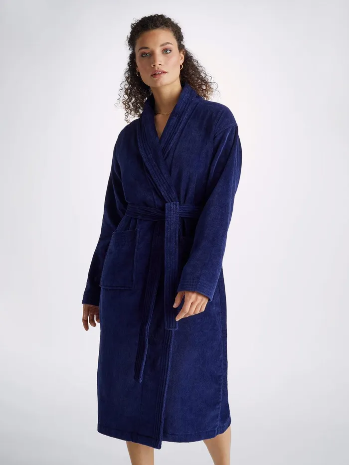 Derek Rose Bathrobe Triton 10 Terry Cotton Navy Women Cotton Pajamas