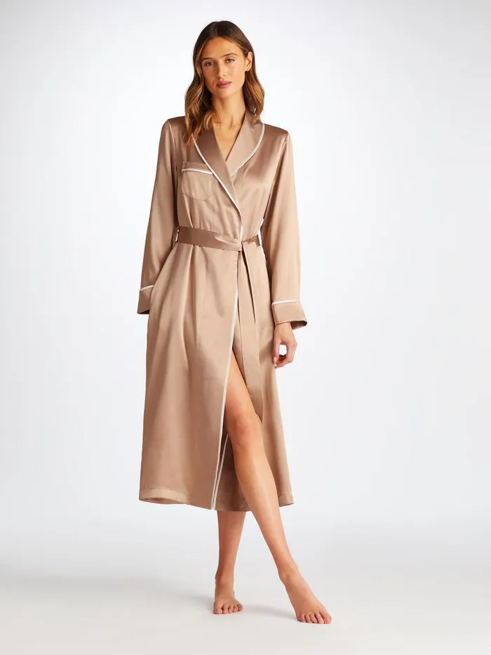 Derek Rose Long Robe Bailey Silk Satin Bronze Women Silk Robes