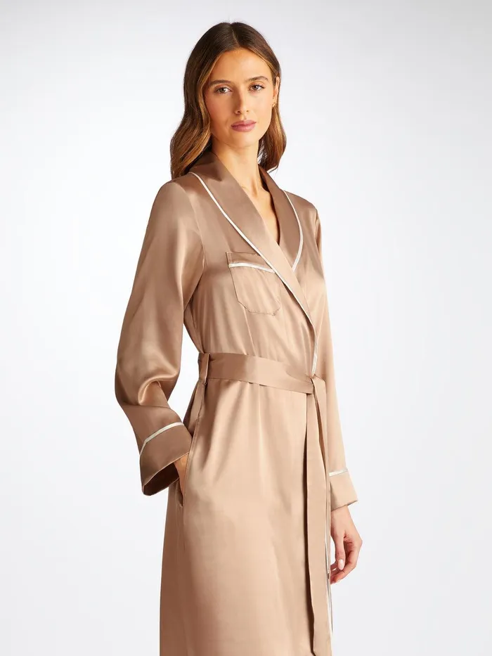 Derek Rose Long Robe Bailey Silk Satin Bronze Women Silk Robes