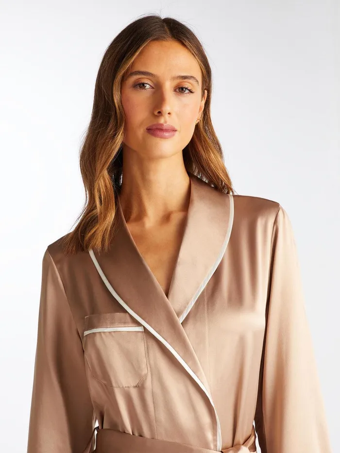 Derek Rose Long Robe Bailey Silk Satin Bronze Women Silk Robes