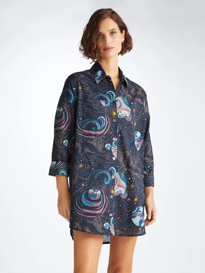 Derek Rose Nightshirt Ledbury 76 Cotton Batiste Navy Women Sleep Shirts