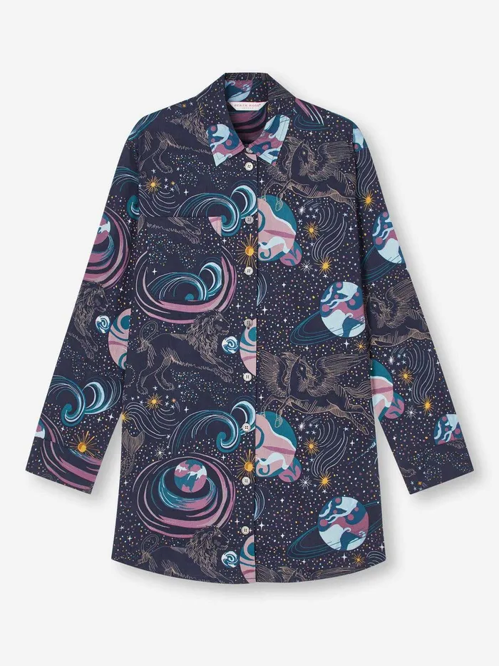 Derek Rose Nightshirt Ledbury 76 Cotton Batiste Navy Women Sleep Shirts