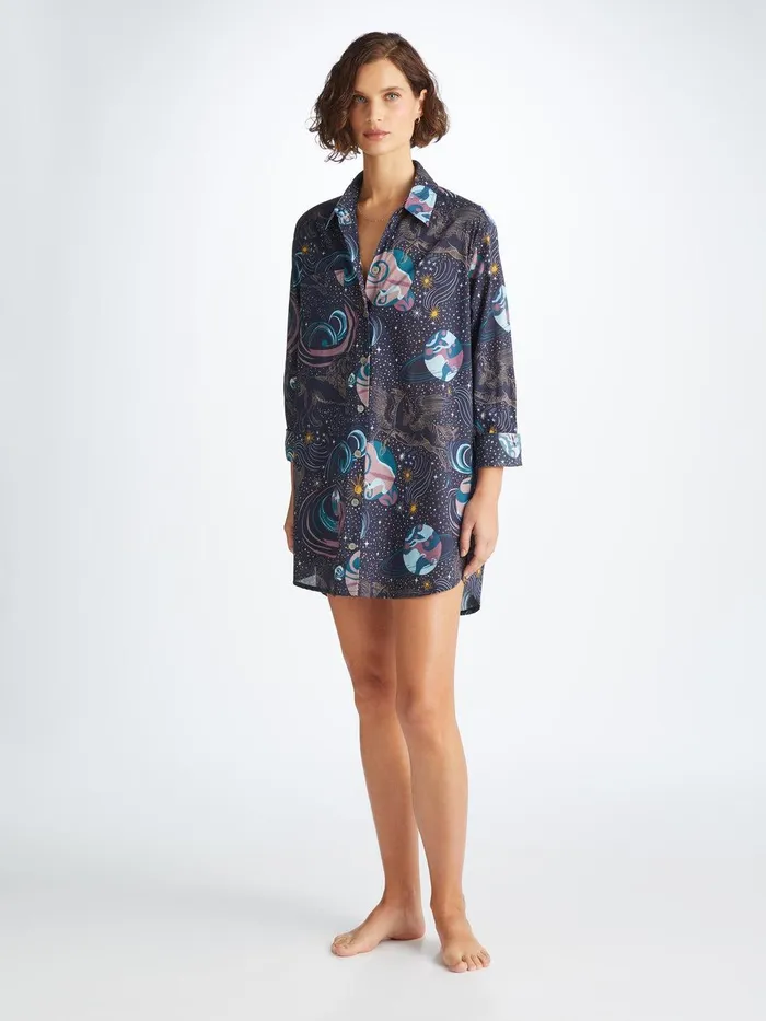 Derek Rose Nightshirt Ledbury 76 Cotton Batiste Navy Women Sleep Shirts
