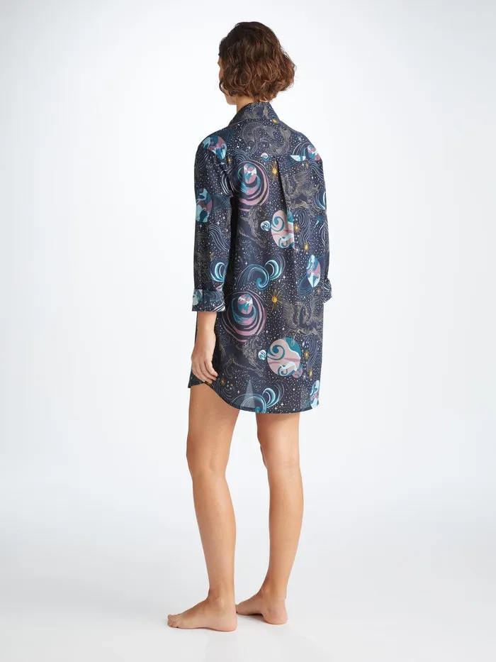 Derek Rose Nightshirt Ledbury 76 Cotton Batiste Navy Women Sleep Shirts