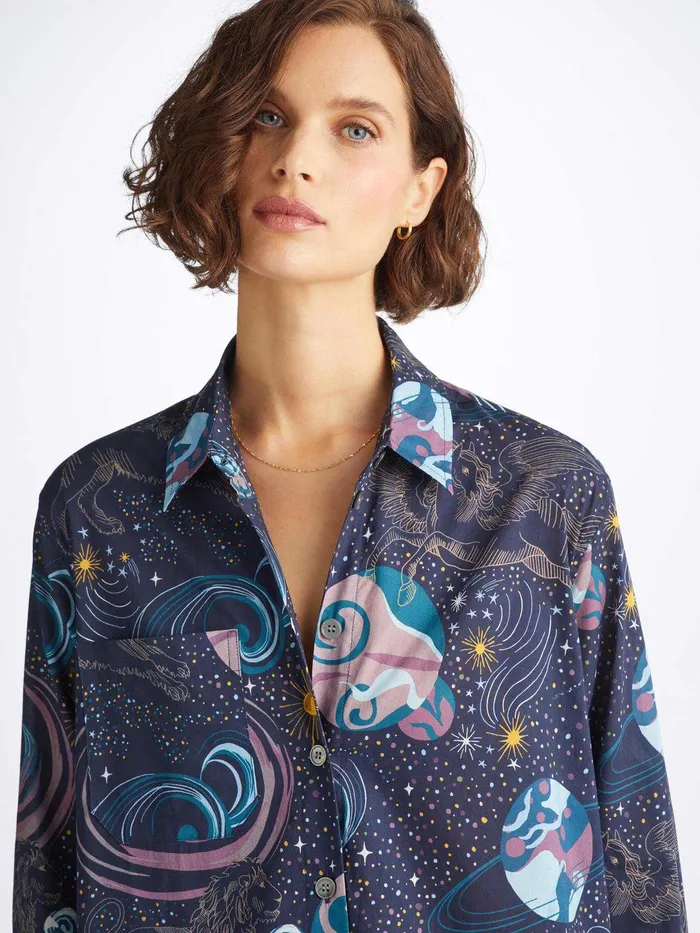 Derek Rose Nightshirt Ledbury 76 Cotton Batiste Navy Women Sleep Shirts