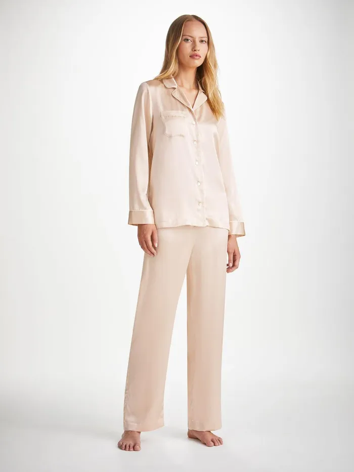 Derek Rose Pajamas Bailey Silk Satin Champagne Women Long Pajamas