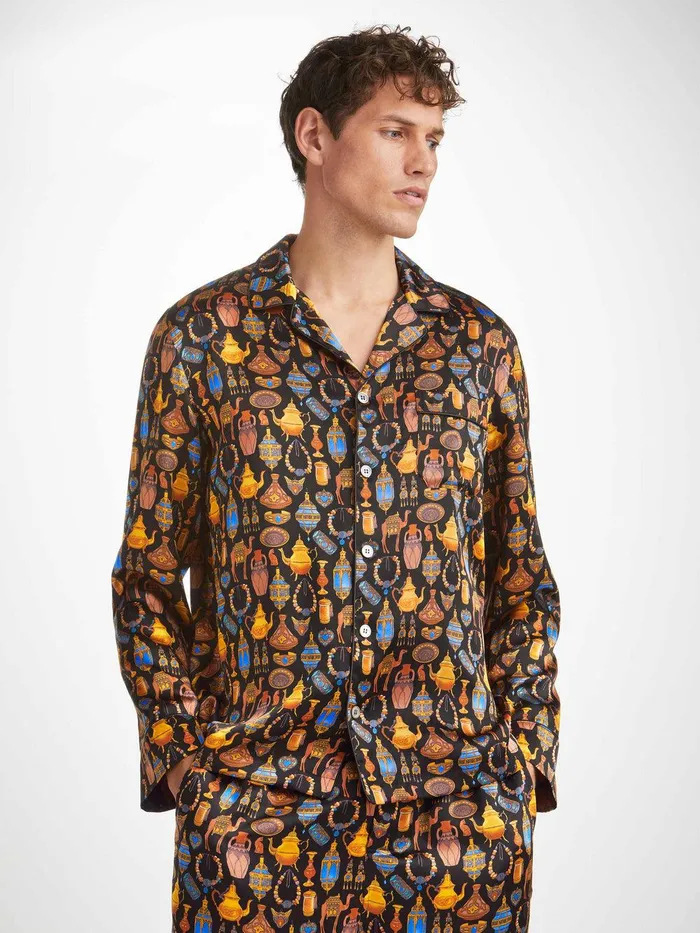 Derek Rose Pajamas Brindisi 100 Silk Satin Black Men Long Pajamas