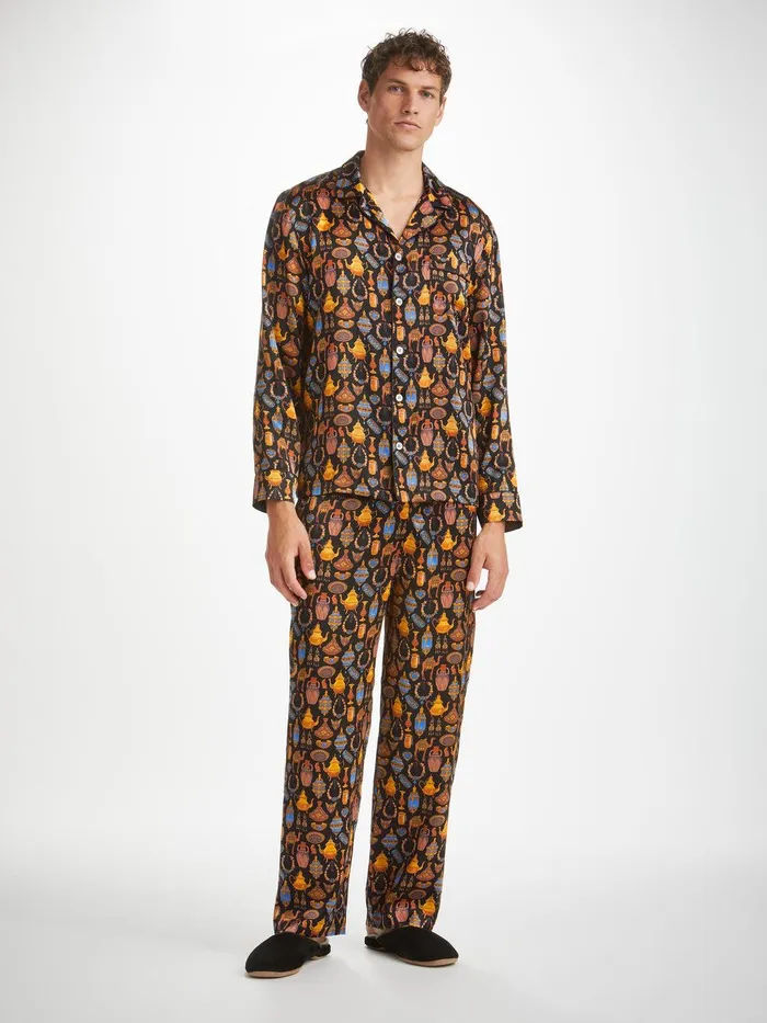 Derek Rose Pajamas Brindisi 100 Silk Satin Black Men Long Pajamas