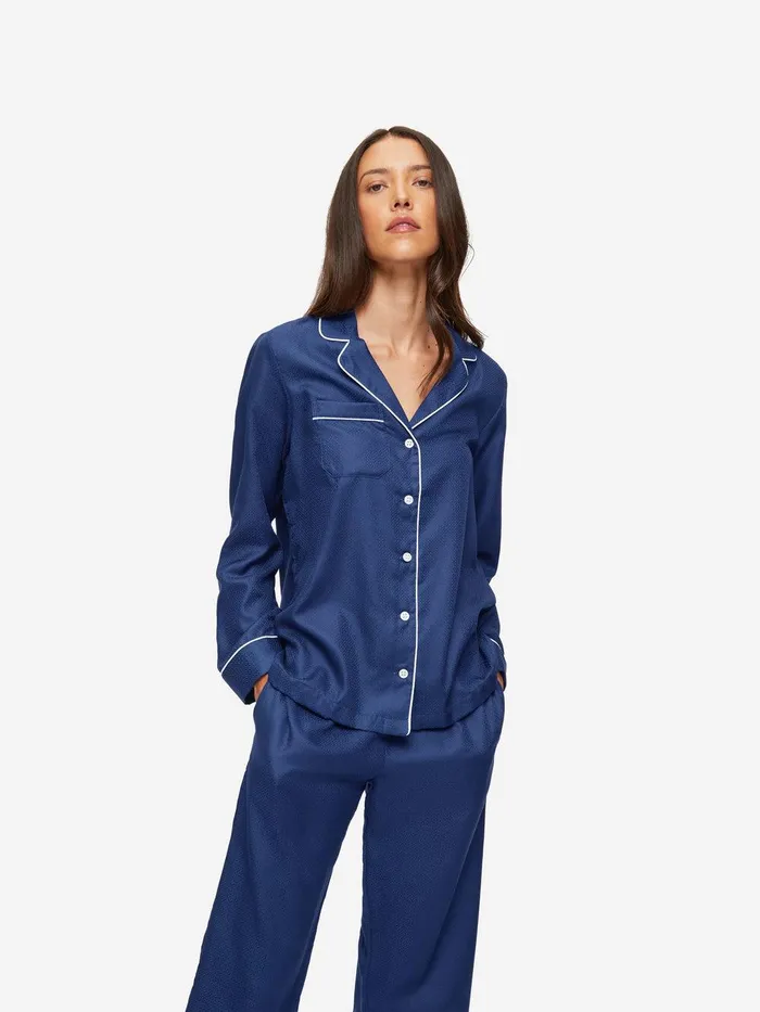 Derek Rose Pajamas Lombard 6 Cotton Jacquard Navy Women Long Pajamas