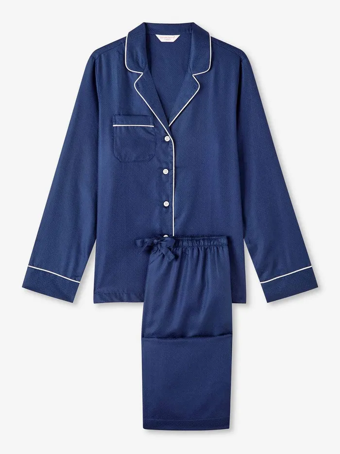 Derek Rose Pajamas Lombard 6 Cotton Jacquard Navy Women Long Pajamas